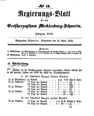 Regierungsblatt für Mecklenburg-Schwerin (Großherzoglich-Mecklenburg-Schwerinsches officielles Wochenblatt) Samstag 10. April 1852
