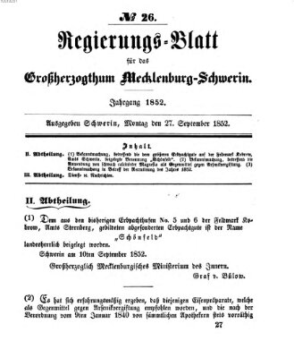 Regierungsblatt für Mecklenburg-Schwerin (Großherzoglich-Mecklenburg-Schwerinsches officielles Wochenblatt) Montag 27. September 1852