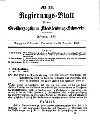 Regierungsblatt für Mecklenburg-Schwerin (Großherzoglich-Mecklenburg-Schwerinsches officielles Wochenblatt) Samstag 20. November 1852