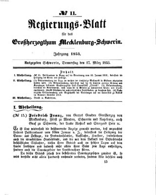 Regierungsblatt für Mecklenburg-Schwerin (Großherzoglich-Mecklenburg-Schwerinsches officielles Wochenblatt) Donnerstag 17. März 1853
