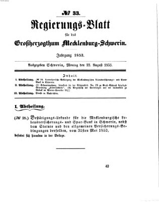 Regierungsblatt für Mecklenburg-Schwerin (Großherzoglich-Mecklenburg-Schwerinsches officielles Wochenblatt) Montag 22. August 1853