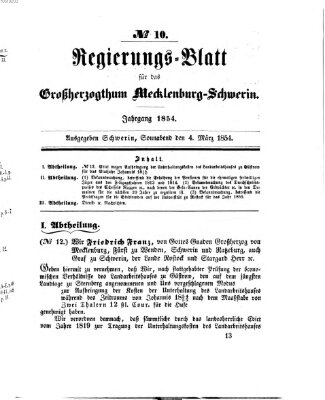 Regierungsblatt für Mecklenburg-Schwerin (Großherzoglich-Mecklenburg-Schwerinsches officielles Wochenblatt) Samstag 4. März 1854