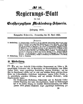 Regierungsblatt für Mecklenburg-Schwerin (Großherzoglich-Mecklenburg-Schwerinsches officielles Wochenblatt) Donnerstag 26. April 1855