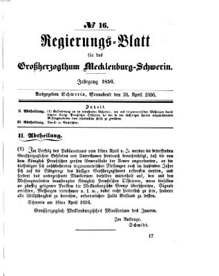 Regierungsblatt für Mecklenburg-Schwerin (Großherzoglich-Mecklenburg-Schwerinsches officielles Wochenblatt) Samstag 26. April 1856