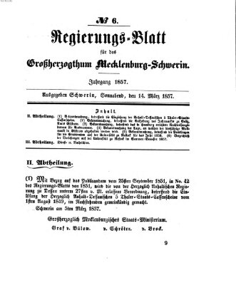 Regierungsblatt für Mecklenburg-Schwerin (Großherzoglich-Mecklenburg-Schwerinsches officielles Wochenblatt) Samstag 14. März 1857