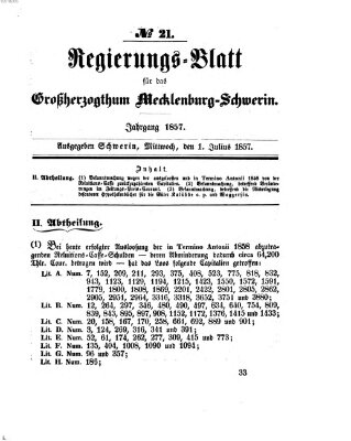 Regierungsblatt für Mecklenburg-Schwerin (Großherzoglich-Mecklenburg-Schwerinsches officielles Wochenblatt) Mittwoch 1. Juli 1857