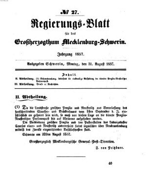 Regierungsblatt für Mecklenburg-Schwerin (Großherzoglich-Mecklenburg-Schwerinsches officielles Wochenblatt) Montag 31. August 1857