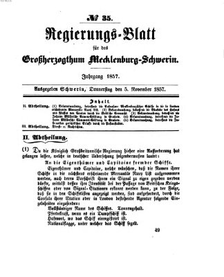 Regierungsblatt für Mecklenburg-Schwerin (Großherzoglich-Mecklenburg-Schwerinsches officielles Wochenblatt) Donnerstag 5. November 1857