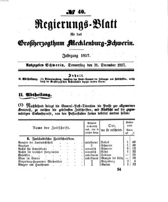 Regierungsblatt für Mecklenburg-Schwerin (Großherzoglich-Mecklenburg-Schwerinsches officielles Wochenblatt) Donnerstag 31. Dezember 1857