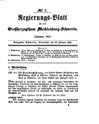 Regierungsblatt für Mecklenburg-Schwerin (Großherzoglich-Mecklenburg-Schwerinsches officielles Wochenblatt) Samstag 20. Februar 1858