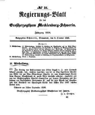 Regierungsblatt für Mecklenburg-Schwerin (Großherzoglich-Mecklenburg-Schwerinsches officielles Wochenblatt) Samstag 9. Oktober 1858