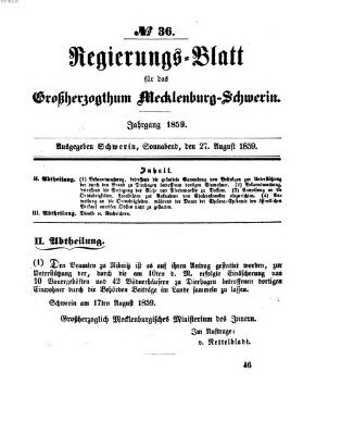 Regierungsblatt für Mecklenburg-Schwerin (Großherzoglich-Mecklenburg-Schwerinsches officielles Wochenblatt) Samstag 27. August 1859