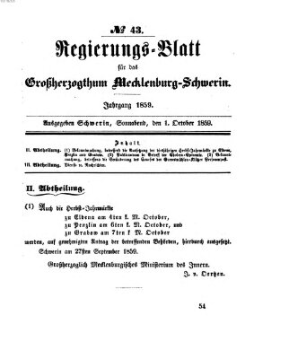 Regierungsblatt für Mecklenburg-Schwerin (Großherzoglich-Mecklenburg-Schwerinsches officielles Wochenblatt) Samstag 1. Oktober 1859