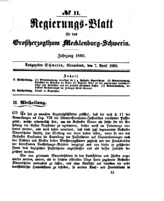 Regierungsblatt für Mecklenburg-Schwerin (Großherzoglich-Mecklenburg-Schwerinsches officielles Wochenblatt) Samstag 7. April 1860