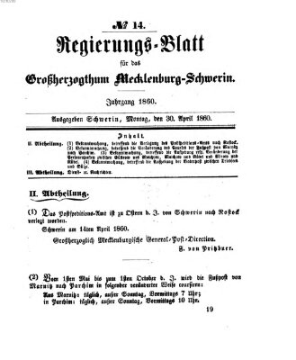 Regierungsblatt für Mecklenburg-Schwerin (Großherzoglich-Mecklenburg-Schwerinsches officielles Wochenblatt) Montag 30. April 1860