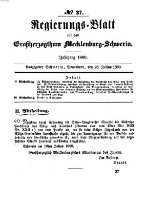 Regierungsblatt für Mecklenburg-Schwerin (Großherzoglich-Mecklenburg-Schwerinsches officielles Wochenblatt) Samstag 28. Juli 1860