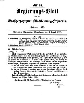 Regierungsblatt für Mecklenburg-Schwerin (Großherzoglich-Mecklenburg-Schwerinsches officielles Wochenblatt) Samstag 4. August 1860
