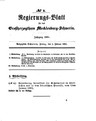 Regierungsblatt für Mecklenburg-Schwerin (Großherzoglich-Mecklenburg-Schwerinsches officielles Wochenblatt) Dienstag 1. Januar 1861