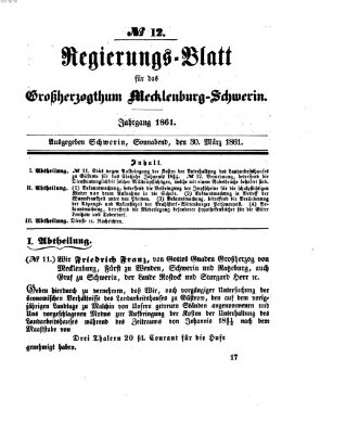 Regierungsblatt für Mecklenburg-Schwerin (Großherzoglich-Mecklenburg-Schwerinsches officielles Wochenblatt) Samstag 30. März 1861