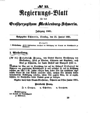 Regierungsblatt für Mecklenburg-Schwerin (Großherzoglich-Mecklenburg-Schwerinsches officielles Wochenblatt) Dienstag 25. Juni 1861