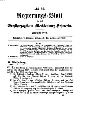 Regierungsblatt für Mecklenburg-Schwerin (Großherzoglich-Mecklenburg-Schwerinsches officielles Wochenblatt) Samstag 2. November 1861