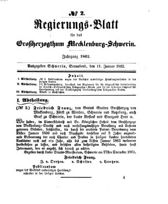 Regierungsblatt für Mecklenburg-Schwerin (Großherzoglich-Mecklenburg-Schwerinsches officielles Wochenblatt) Samstag 11. Januar 1862