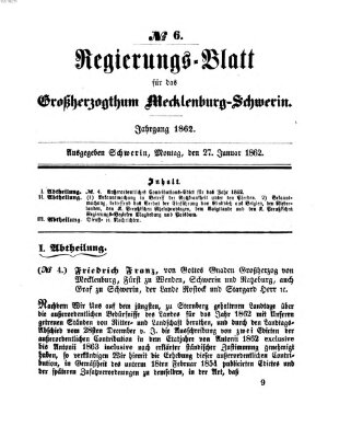Regierungsblatt für Mecklenburg-Schwerin (Großherzoglich-Mecklenburg-Schwerinsches officielles Wochenblatt) Montag 27. Januar 1862