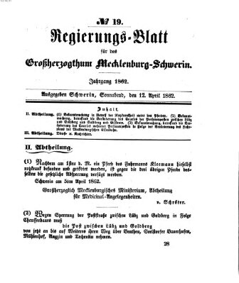 Regierungsblatt für Mecklenburg-Schwerin (Großherzoglich-Mecklenburg-Schwerinsches officielles Wochenblatt) Samstag 12. April 1862