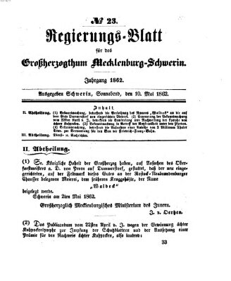 Regierungsblatt für Mecklenburg-Schwerin (Großherzoglich-Mecklenburg-Schwerinsches officielles Wochenblatt) Samstag 10. Mai 1862