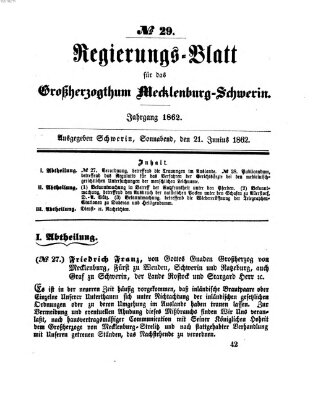 Regierungsblatt für Mecklenburg-Schwerin (Großherzoglich-Mecklenburg-Schwerinsches officielles Wochenblatt) Samstag 21. Juni 1862
