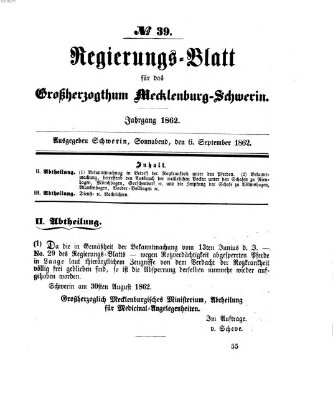 Regierungsblatt für Mecklenburg-Schwerin (Großherzoglich-Mecklenburg-Schwerinsches officielles Wochenblatt) Samstag 6. September 1862