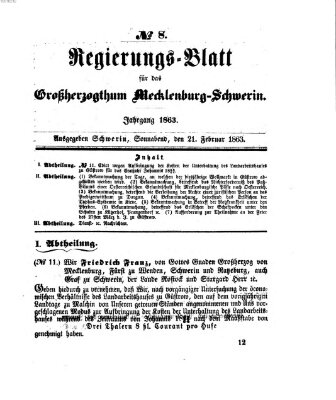 Regierungsblatt für Mecklenburg-Schwerin (Großherzoglich-Mecklenburg-Schwerinsches officielles Wochenblatt) Samstag 21. Februar 1863