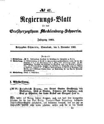 Regierungsblatt für Mecklenburg-Schwerin (Großherzoglich-Mecklenburg-Schwerinsches officielles Wochenblatt) Samstag 5. Dezember 1863