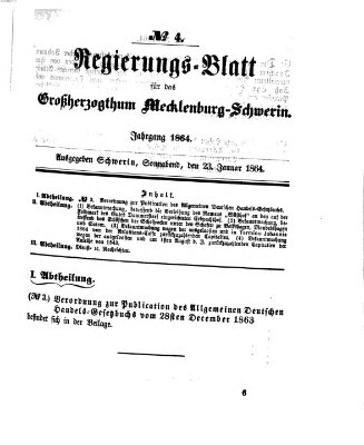 Regierungsblatt für Mecklenburg-Schwerin (Großherzoglich-Mecklenburg-Schwerinsches officielles Wochenblatt) Samstag 23. Januar 1864
