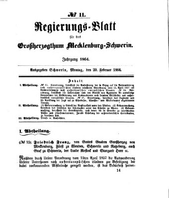 Regierungsblatt für Mecklenburg-Schwerin (Großherzoglich-Mecklenburg-Schwerinsches officielles Wochenblatt) Montag 29. Februar 1864