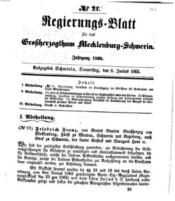 Regierungsblatt für Mecklenburg-Schwerin (Großherzoglich-Mecklenburg-Schwerinsches officielles Wochenblatt) Donnerstag 8. Juni 1865