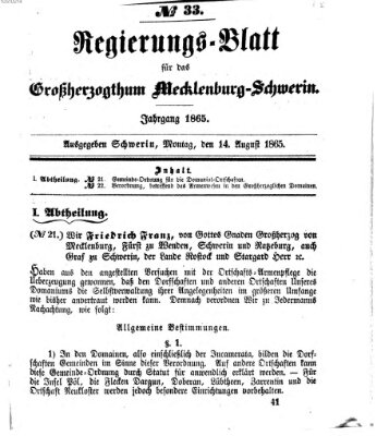 Regierungsblatt für Mecklenburg-Schwerin (Großherzoglich-Mecklenburg-Schwerinsches officielles Wochenblatt) Montag 14. August 1865