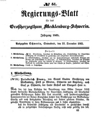 Regierungsblatt für Mecklenburg-Schwerin (Großherzoglich-Mecklenburg-Schwerinsches officielles Wochenblatt) Samstag 23. Dezember 1865