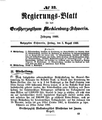 Regierungsblatt für Mecklenburg-Schwerin (Großherzoglich-Mecklenburg-Schwerinsches officielles Wochenblatt) Freitag 3. August 1866