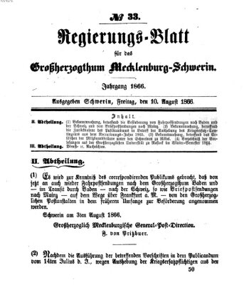 Regierungsblatt für Mecklenburg-Schwerin (Großherzoglich-Mecklenburg-Schwerinsches officielles Wochenblatt) Freitag 10. August 1866