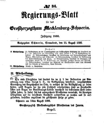 Regierungsblatt für Mecklenburg-Schwerin (Großherzoglich-Mecklenburg-Schwerinsches officielles Wochenblatt) Samstag 18. August 1866