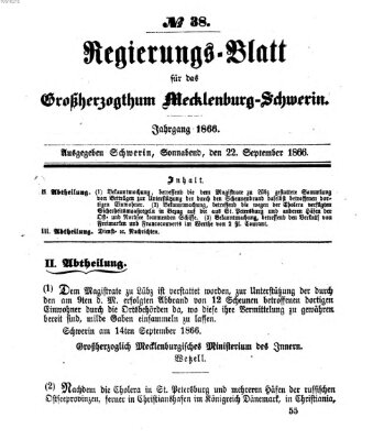 Regierungsblatt für Mecklenburg-Schwerin (Großherzoglich-Mecklenburg-Schwerinsches officielles Wochenblatt) Samstag 22. September 1866