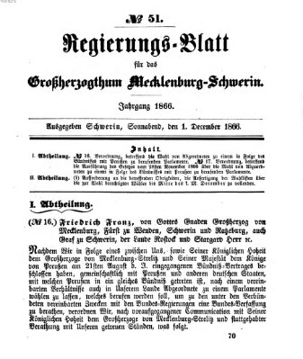 Regierungsblatt für Mecklenburg-Schwerin (Großherzoglich-Mecklenburg-Schwerinsches officielles Wochenblatt) Samstag 1. Dezember 1866