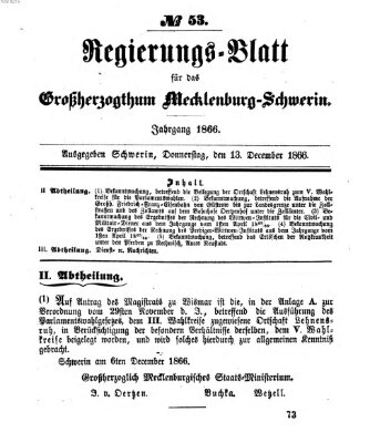 Regierungsblatt für Mecklenburg-Schwerin (Großherzoglich-Mecklenburg-Schwerinsches officielles Wochenblatt) Donnerstag 13. Dezember 1866
