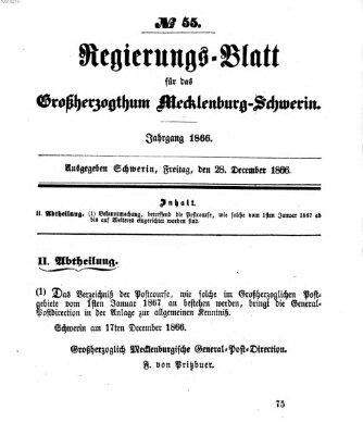 Regierungsblatt für Mecklenburg-Schwerin (Großherzoglich-Mecklenburg-Schwerinsches officielles Wochenblatt) Freitag 28. Dezember 1866