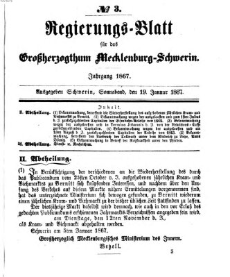 Regierungsblatt für Mecklenburg-Schwerin (Großherzoglich-Mecklenburg-Schwerinsches officielles Wochenblatt) Samstag 19. Januar 1867
