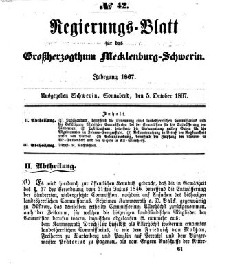 Regierungsblatt für Mecklenburg-Schwerin (Großherzoglich-Mecklenburg-Schwerinsches officielles Wochenblatt) Samstag 5. Oktober 1867