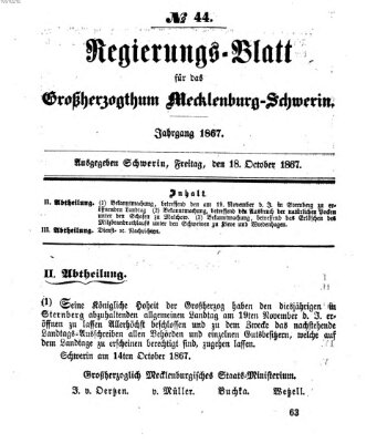 Regierungsblatt für Mecklenburg-Schwerin (Großherzoglich-Mecklenburg-Schwerinsches officielles Wochenblatt) Freitag 18. Oktober 1867
