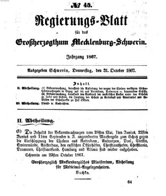 Regierungsblatt für Mecklenburg-Schwerin (Großherzoglich-Mecklenburg-Schwerinsches officielles Wochenblatt) Donnerstag 31. Oktober 1867