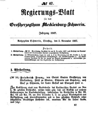 Regierungsblatt für Mecklenburg-Schwerin (Großherzoglich-Mecklenburg-Schwerinsches officielles Wochenblatt) Dienstag 5. November 1867